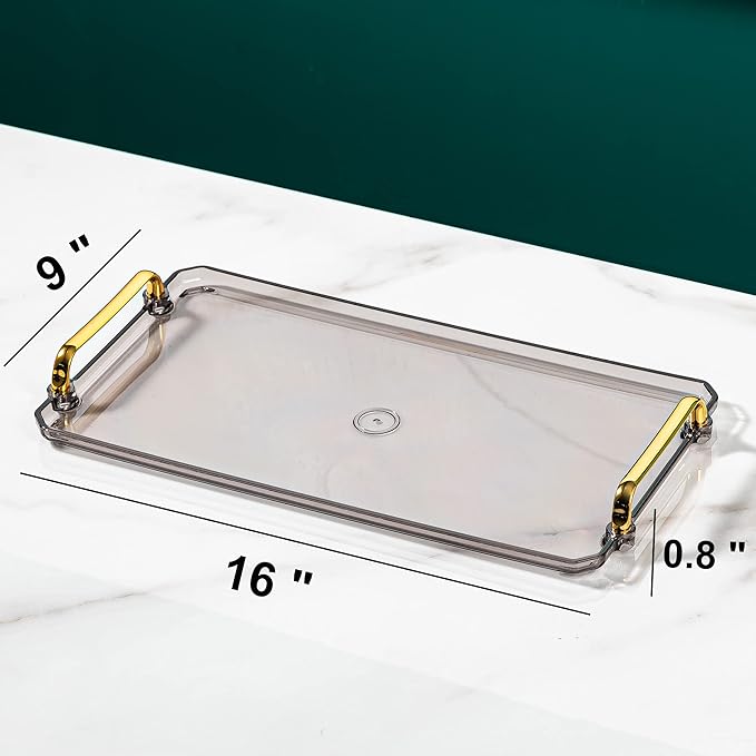 Acrylic Serving Tray with Handles Ottoman Countertop Decorative Tray Serving Tray Spill-Proof Tray for Coffee Table Living Room Bedroom16 x 9 x 0.8 inches (Amber)