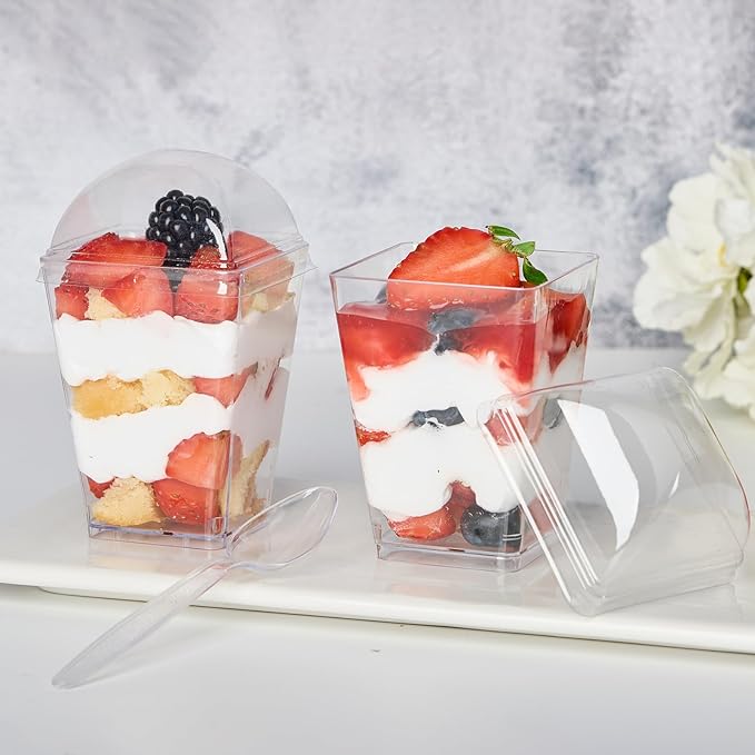 5oz Plastic Dessert Cups with Dome Lids and Spoons, 50 Pack Mini Clear Parfait Cups Square Party Serving Cup for Pudding, Appetizer, Fruit and Ice Cream