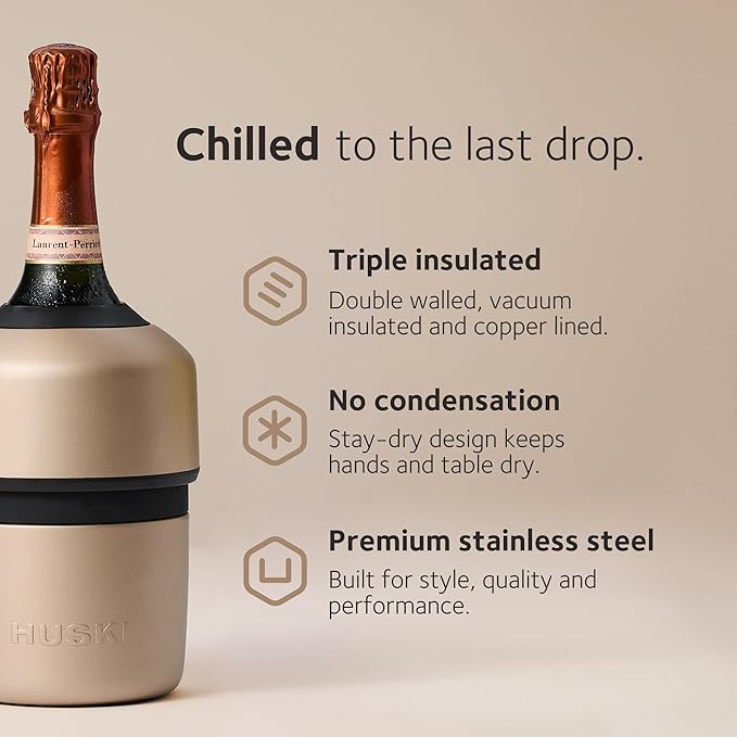 Huski Champagne Chiller | NEW | Award-Winning Iceless Design with Detachable Bottle Stopper | Keeps Wine Cold up to 6 Hours | Fits most 750ml Champagne, Prosecco & Sparkling Wine Bottles (Stone Grey)