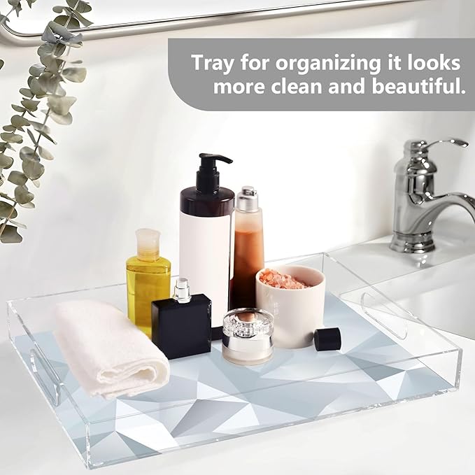 Spill Proof Acrylic Serving Tray, Countertop Organizer 16x12 Inch with Handles for Breakfast, Living Rooms, Coffee, Juice, Kitchen and Desk, (Silver Glass Design)