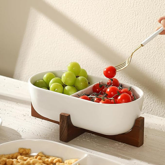 Chip and Dip Serving Bowl with Acacia Wood Base, Ceramic Serving Bowl for Home Decor(2-Compartment Bowl), 10.5 inch Divided Bowl for Snack, Dessert, Fruit, Veggies