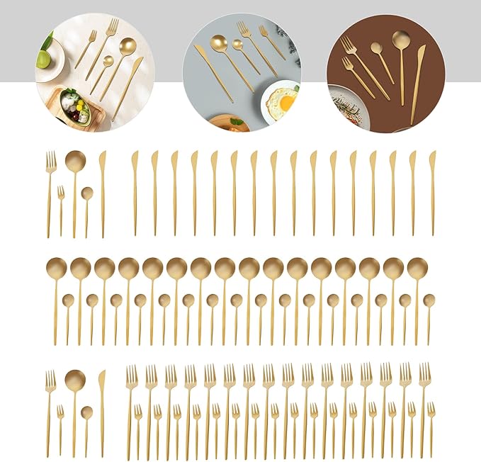 90PCS Gold Dinnerware Set, Gold Flatware Cutlery Set, Stainless Steel Utensils Set for Home Restaurant