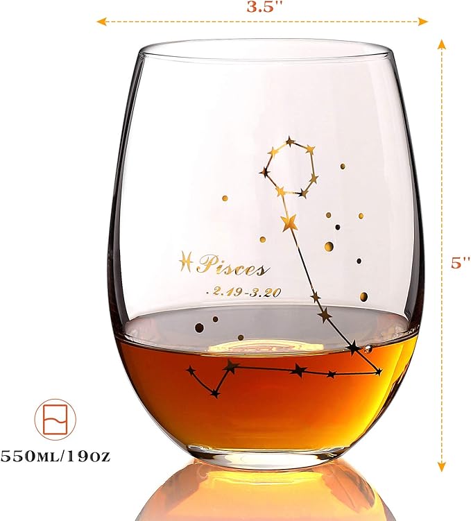 HOHY Pisces Zodiac Wine Glass 20 Oz, Pisces Zodiac Birthday Horoscope Wine Gifts for Women, Birthday Wine Glass Astrology Constellation Christmas Gifts for Women, Constellation Wine Glasses Golden
