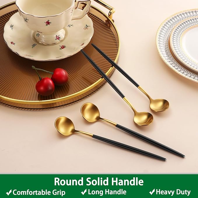 7.95 Inches Satin Gold SS18/10 Long Stirring Spoons With Black Handle,Elegant Iced Tea Spoons,Long Handle Mixing Spoons For Coffee,Cocktail,Ice Cream,Milk