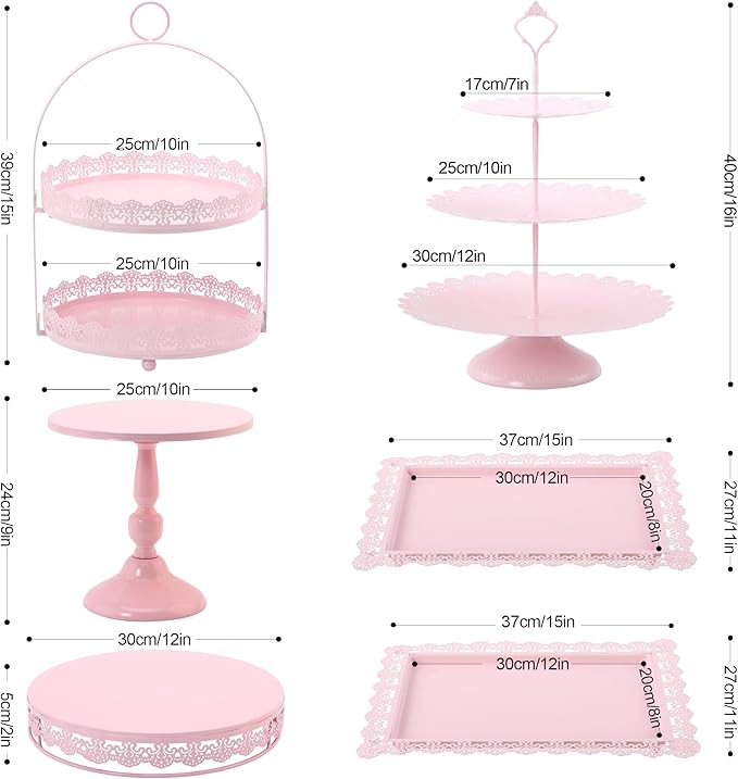 6 Pcs Pink Cake Stands Set, Cake Display Pedestal Tiered Cupcake Holder Dessert Plate Serving Tower Tray Decorative for Wedding Birthday Party Baby Shower Celebration