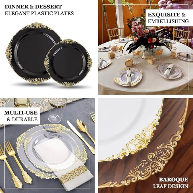 10" Dinner Plates -Set of 20 - Plastic Clear Gold Round Baroque Disposable Plate Leaf Embossed Rim, Ideal for Decoration Party Wedding Bulk Events