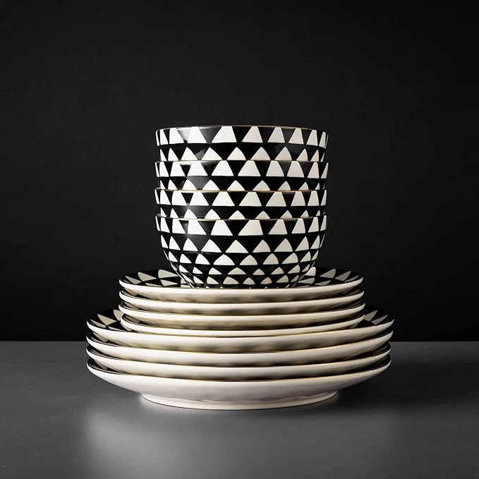 12-Piece Ceramic Dinnerware Set for 4, Plates and Bowls, Microwave and Dishwasher Safe (Black and White)