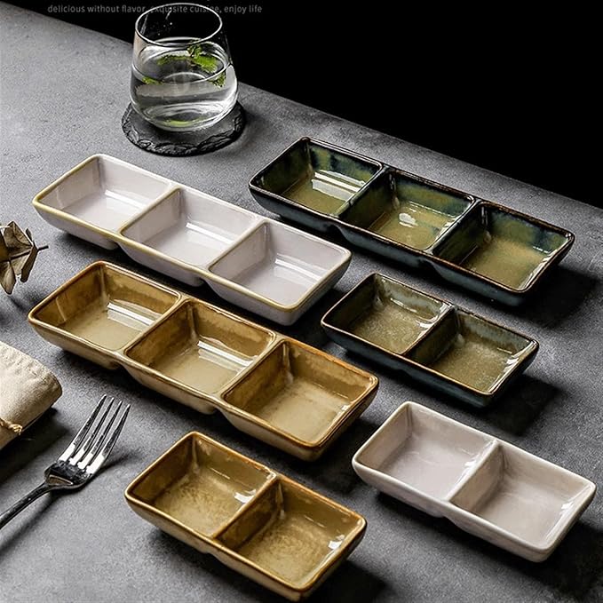 Seasoning Plate 5.2 x 2.6 Inch Two Piece Stackable Ceramic Serving Tray. Set of 2 Decorative Ceramic Appetizer Trays Snack Soy Sauce Dessert Plates Ceramic Sauce Plates (Color
