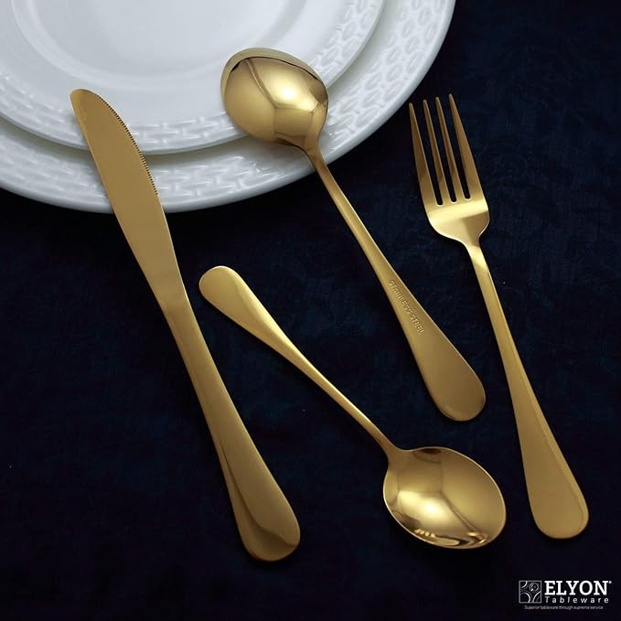 Elyon Tableware® Euro 24 piece Gold Flatware, Stainless Steel Silverware Set, Reflective Mirror Finish Cutlery Set, Reusable Dishwasher Safe, Service For 6