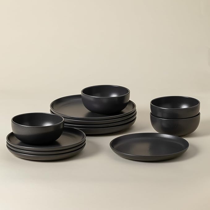 Casafina Ceramic Stoneware 12-Piece Place Setting Service for 4, Pacifica Collection, Seed Grey | Microwave & Dishwasher Safe Dinnerware Set | Food Safe Glazing | Restaurant Quality Tableware
