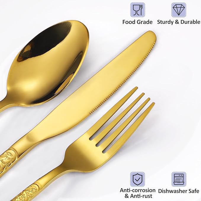 24 Pcs Gold Hammered Silverware Set Service for 6,Stone Pattern Vintage Stainless Steel Flatware Set,Cutlery Utensil,Durable Kitchen Eating Tableware Set,Ripple Fork Knife Spoon Set,Dishwasher Safe