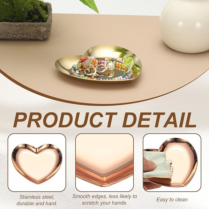 uxcell Heart Shape Serving Trays, 3.54" Stainless Steel Decorative Jewelry Dish, Small Vanity Tray for Bathroom Aromatherapy Candle Drink Plate,Rose Gold