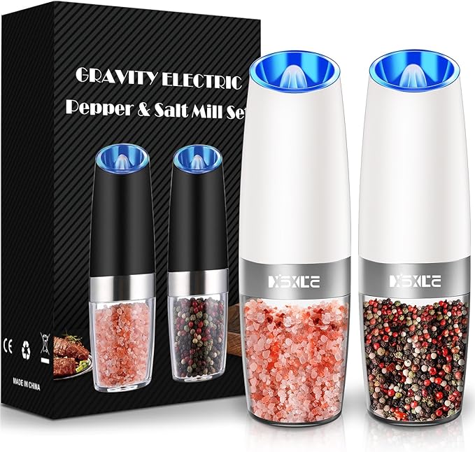 XinXu Gravity Electric Pepper and Salt Grinder Set, Adjustable Coarseness, with LED Light, One Hand Automatic Operation (Set/Snow White X)