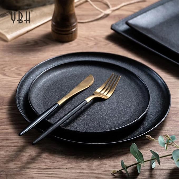 Dinner Plates Simple Ceramic Plate Tableware Black Frosted Disc Square Steak Plate Family Dinner Plate Kitchen Serving Dishes,Gold-20CM