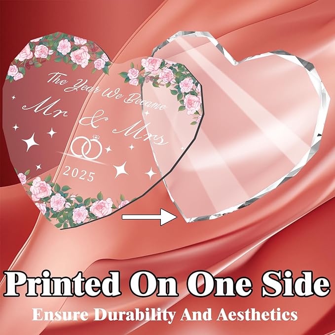 2025 Mr and Mrs Glass Ornament - Wedding Gifts for Couples, Bridal Shower Gifts, Keepsake for Newlyweds with Gift Box, Heart Shaped Just Married Decorations (Pink)