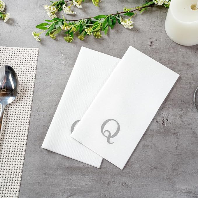 Luxenap 15.8 X 7.9 Inch Linen-Feel Guest Towels, 50 Lettered Hand Towels - Silver Letter 'Q', Sans Serif Font, White Paper Dinner Napkins, airlaid, For Restrooms And Tables - Restaurantware