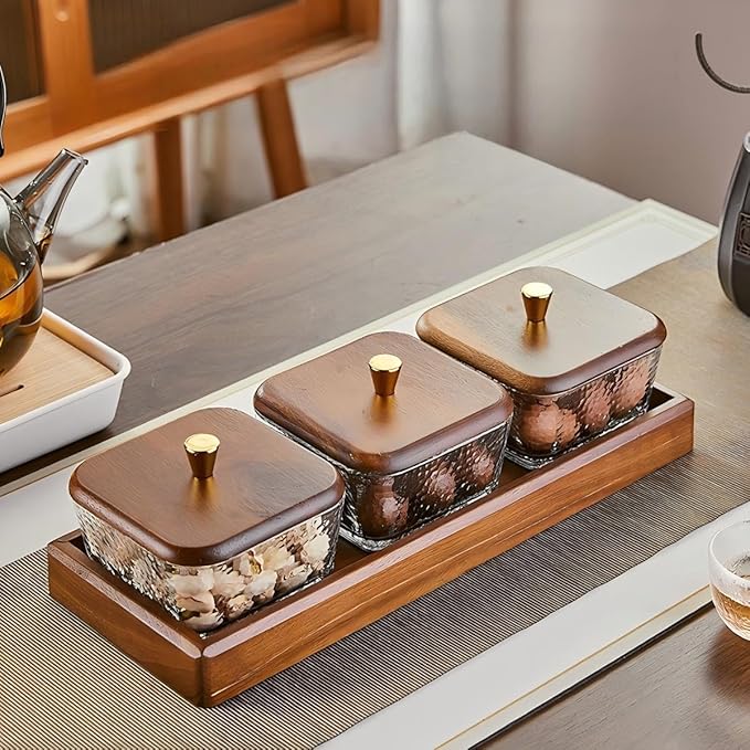 Premium Walnut Snack Tray with Lid, Glass Divided Fruit & Nut Bowl Set, Wooden Coffee Table Serving Tray for Candy, Dried Fruit, Desserts, Condiments, Charcuterie & Home Entertaining (3)