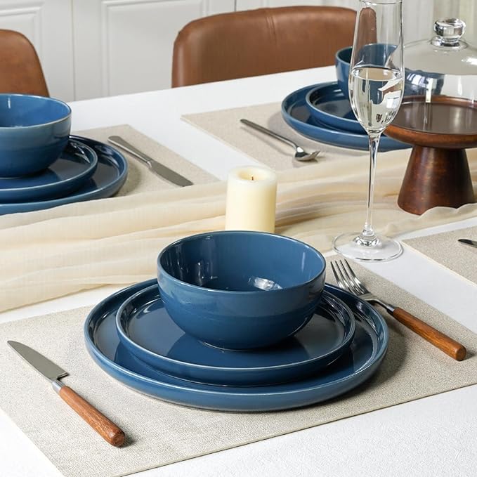 Kitchen Plates and Bowls Set Dinner Set for 4 Handpainted Dinner ware Sets, Microwave Safe Plates and Bowls Sets Stone Plate Scratch Resistant (Ocean Abyss)