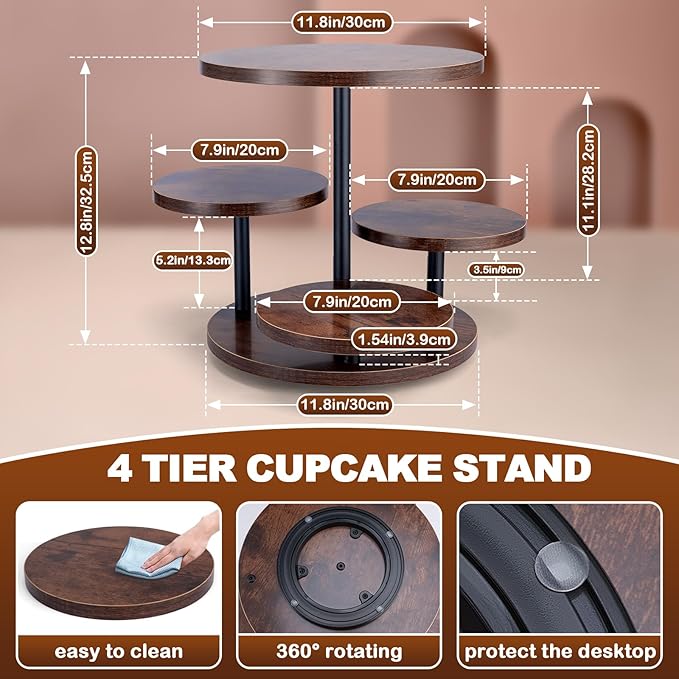Cupcake Stand, 4 Tier Round Wood Cupcake Tower Stand for 50 Cupcakes, Rotatable Wooden Tiered Display Stand with Tiered Tray, Rustic Cupcake Stands for Birthday Wedding Baby Shower Graduation Party