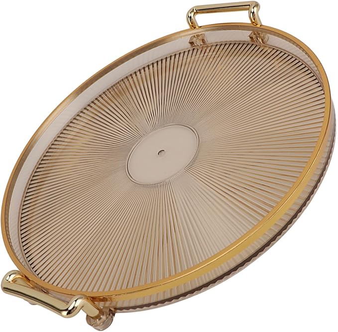Dioche Elegant Round Serving Tray with Gold Handle and Golden - Multifunctional Display Tray for Fruits, Desserts, Snacks, and Decor (Amber)