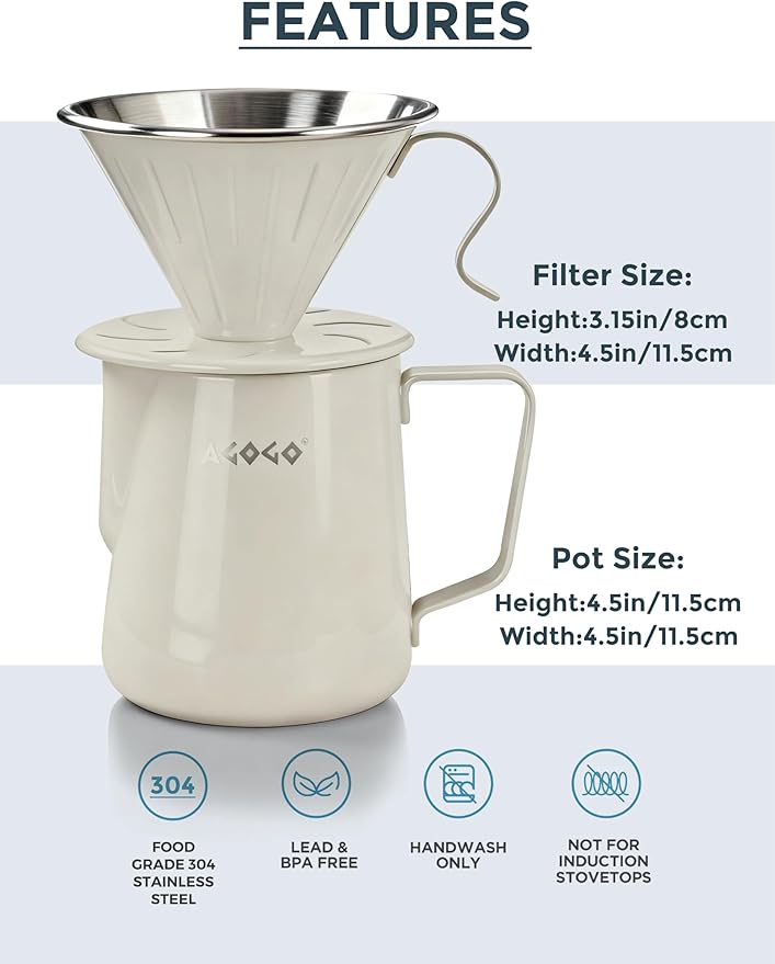 AGOGO Portable Pour Over Coffee Maker V60 Set - Easy Cleaning Compact 304 Stainless Steel Dripper for Camping & 50 Filters Paper & Cleaning Rag Cream 20 oz