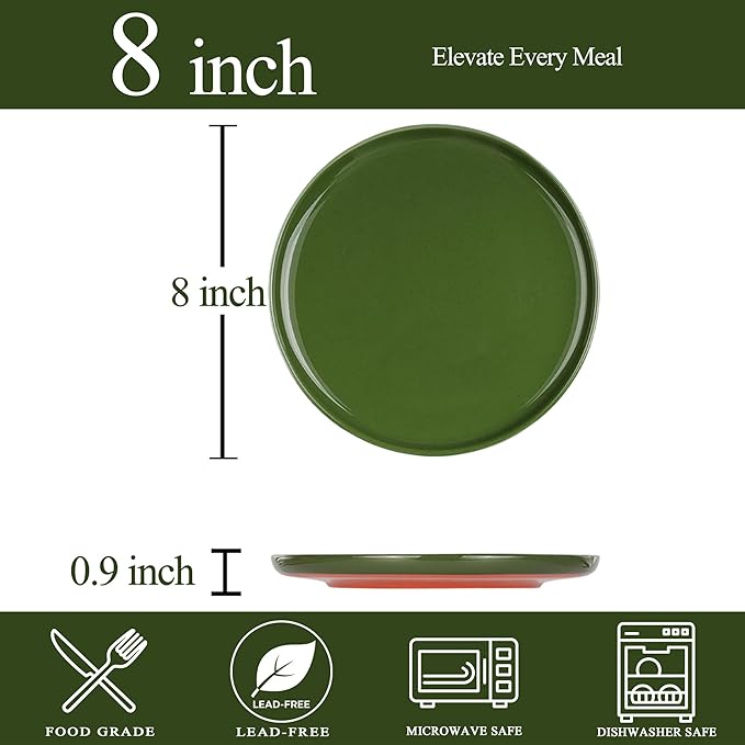 8-Inch Plates Set of 4, Dual Glaze Stoneware Plate, Microwave and Dishwasher Safe, Ceramic Plates for Salads & Desserts, Forest Glaze Green