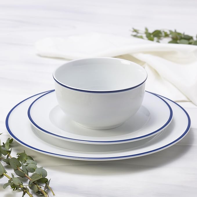 Everyday White by Fitz and Floyd Bistro Blue Band 12 Piece Dinnerware Set, Service for 4