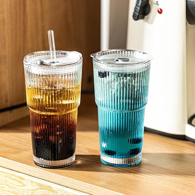 CHPINDAM Ribbed Drinking Glasses,with Lids and Straws Glass Cup,19oz Glass cup,4 Pack Old Fashioned Glasses,Thickened for iced coffees,cocktails and juices, perfect for families and parties (4)