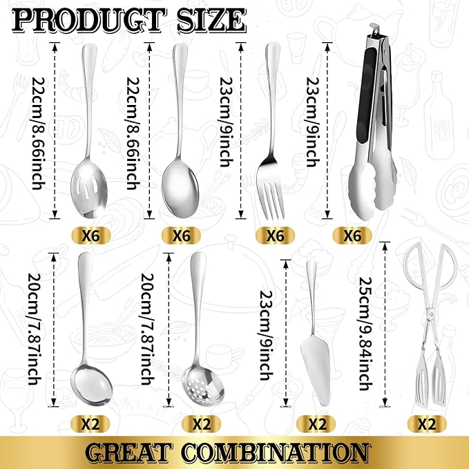 32Pcs Serving Utensils Set Serving Spoons, Buffet Tongs, Cake Spatula, Forks, Perforated Ladles, Soup Scoops, Skimmers and Black Heavy-Duty Serving Tongs (Silver)