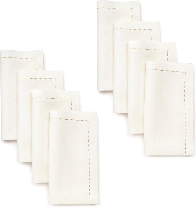 D'Moksha Homes Ivory Linen Napkins Set of 8 - Classic Hemstitch 100% Pure Linen Hemstitch Dinner Napkins 20 x 20 Inch for Winter, Christmas, Holiday, New Year - Handcrafted and Machine Washable