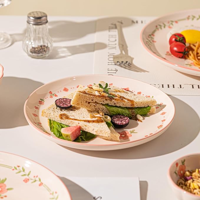 16 Pieces Gourmet Porcelain Dinnerware Sets, Premium Plates and Bowls Set, High-Fired Ceramic Dishes Set for 4, Microwave Dishwasher Safe, Pink Peach Blossom Pattern.