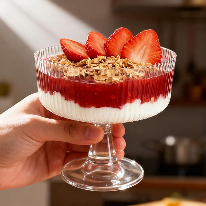 40 Pack 6.8 oz Clear Ribbed Dessert Cups with Spoons, Ice Cream Bowl with Retro Stripes, Mini Dessert Shooter for Pudding Fruit, Elegant Parfait/Sundae Bowls for Christmas Party & Home Use