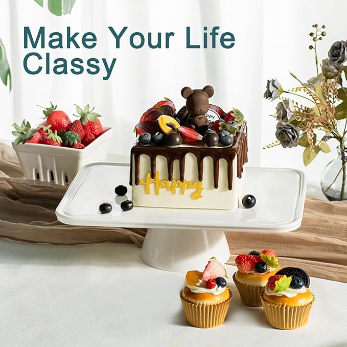 Cake Stand, 13 Inch Rectangular Ceramic Cake Stands for Party, Elegant Wedding Cake Plate for Dessert Table, Dessert and Cupcake Stand for Birthday Party and Baby Shower, White