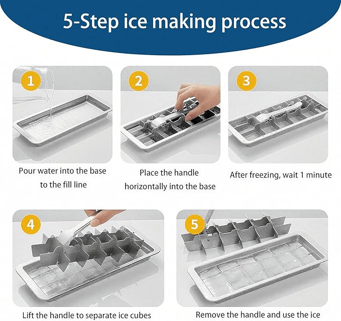 Stainless Steel Ice Cube Trays with Tweezers, Easy-Release Lever Handle, Durable Metal Ice Cube Trays for Freezer, Ideal for Whiskey, Cocktails & Drinks (2 Pack)