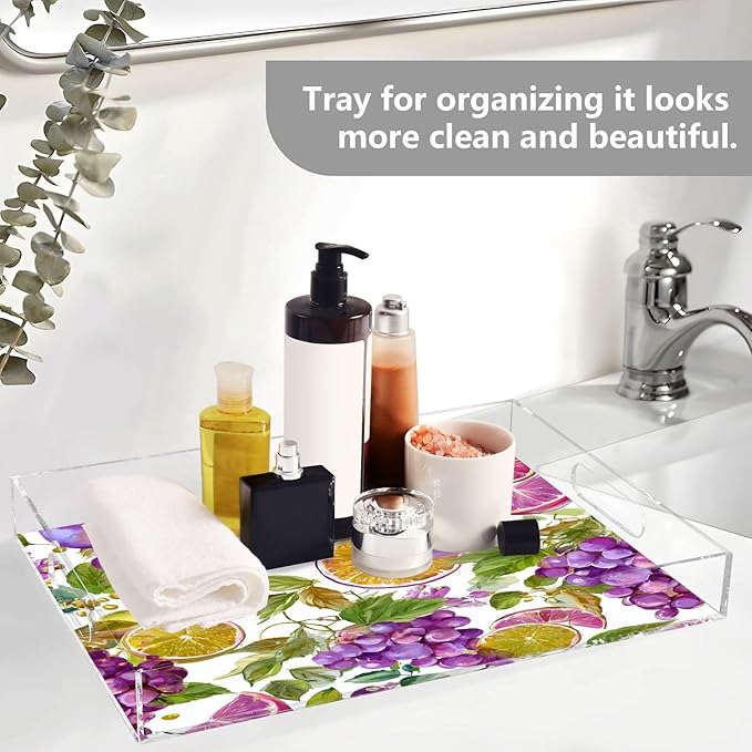 Serving Tray with Handles Clear Acrylic Tray 12x16 Inch Decorative Rectangular Tray Organizer for Ottoman Coffee Table Bathroom Purple Grapes with Leaves and Fig