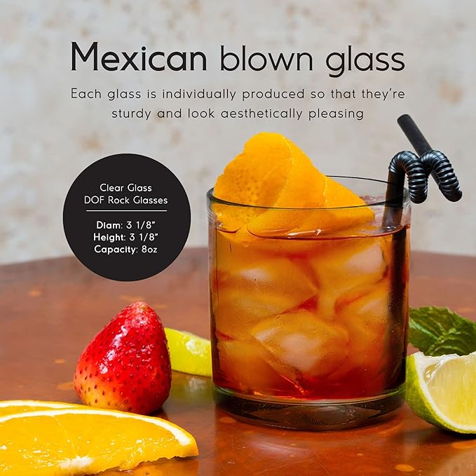 MexHandcraft Clear Blown 8 oz DOF Rocks Glasses (set of 6) Mexican Handmade Glassware, Recycled Glass, Lead-free, Toxin-Free (DOF Rocks)