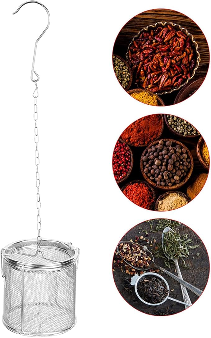 AUNMAS Tea Infuser, Stainless Steel Wire Mesh Design, Multifunctional Seasoning Strainer Basket Filter, with Chain & Hook, Silver 10x10cm