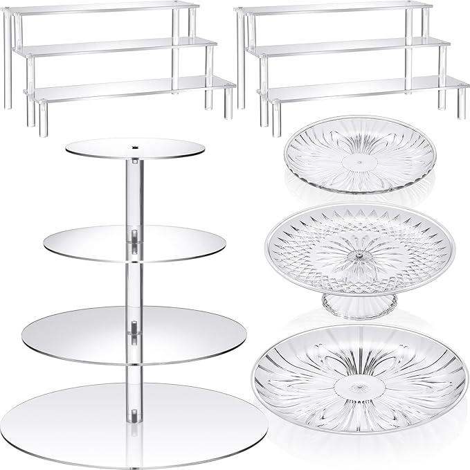 6 Pcs Acrylic Cake Stands Set Include 2 Display Risers 1 Pcs 4 Tier Cupcake Tower and 3 Clear Round Dessert Trays Cake Table Holder for Wedding Baby Shower Decoration(Novel Style)