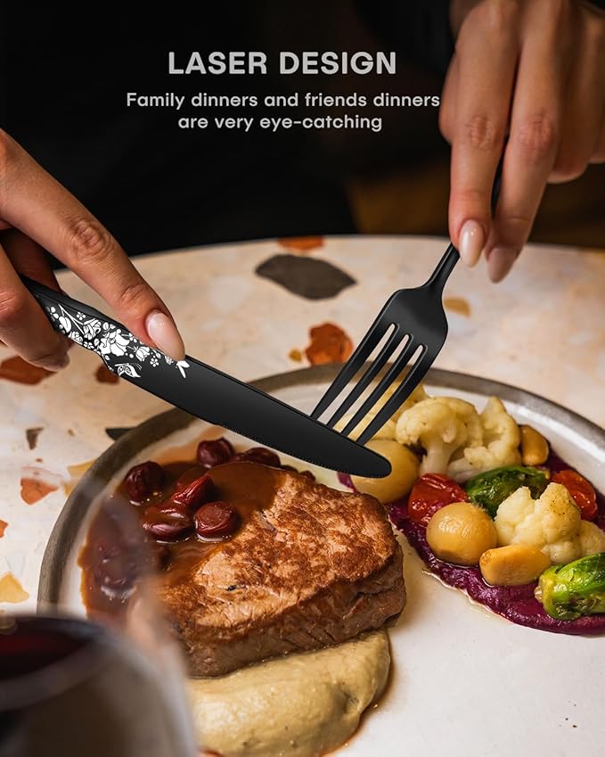 Stapava 40 Pcs Black Silverware Set for 8, Stainless Steel Flatware Cutlery, Include Forks Spoons and Knives, Mirror Polished, Dishwasher Safe Black Utensils for Home Restaurant Hotel