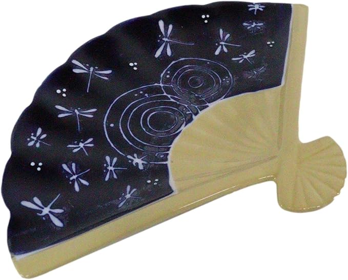 Ebros Pack Of 4 Colorful Oriental Folding Fan Shaped Appetizer Sushi Dessert Serving Dish Plates Decorative Asian Themed Artistic Dinner Lunch Serveware Plate Set (Blue Midnight Ripple Dragonflies)