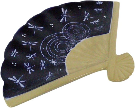 Ebros Pack Of 4 Colorful Oriental Folding Fan Shaped Appetizer Sushi Dessert Serving Dish Plates Decorative Asian Themed Artistic Dinner Lunch Serveware Plate Set (Blue Midnight Ripple Dragonflies)