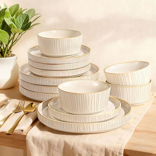 Stoneware Dinnerware Sets for 4, 12 Pcs Ribbed Reactive Glaze Ceramic Plates and Bowls Sets, Chip Resistant, Microwave Dishwasher Safe Dish Set, Housewarming Gifts, Cappuccino White