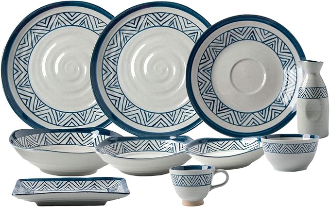 New Dinnerware Sets,Porcelain Dinnerware Sets, 28 Pieces Ceramics Dinner Combination Set | Hand Painted Blue and White Lines Cereals Bowls and Steak Plates Sets,