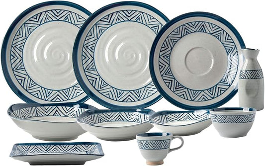New Dinnerware Sets,Porcelain Dinnerware Sets, 28 Pieces Ceramics Dinner Combination Set | Hand Painted Blue and White Lines Cereals Bowls and Steak Plates Sets,