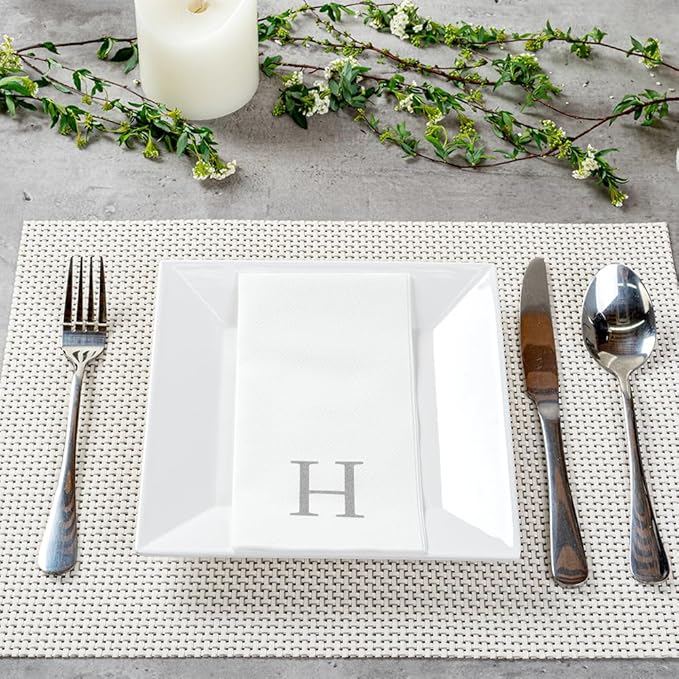 Luxenap 15.8 X 7.9 Inch Linen-Feel Guest Towels, 2000 Lettered Hand Towels - Silver Letter 'H', Sans Serif Font, White Paper Dinner Napkins, airlaid, For Restrooms And Tables - Restaurantware