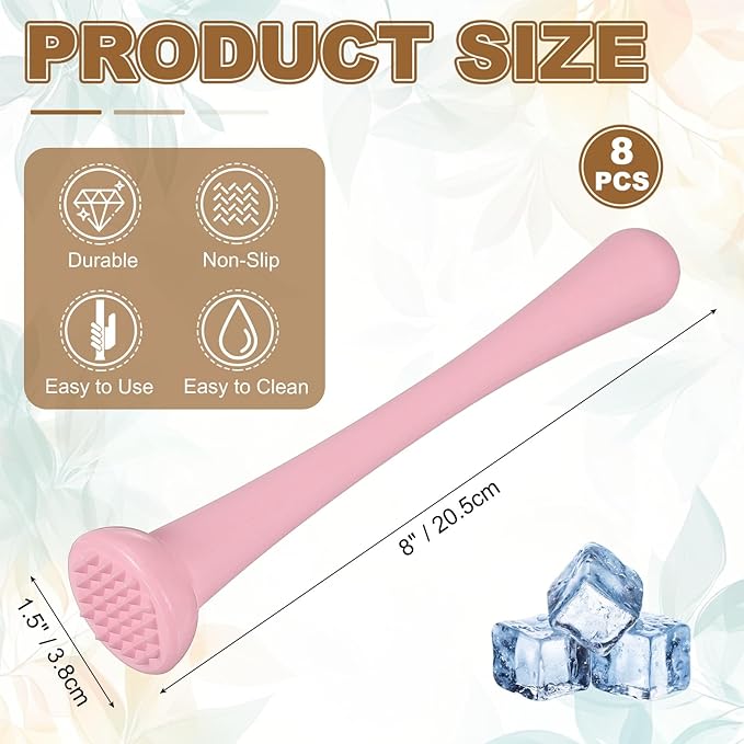 uxcell 8 Pcs Cocktail Muddler, 8 Inch PP Drink Muddler Bar Accessories Tools Ice Crusher for Home Party Cocktail Fruit Drinks, Pink (Thin)
