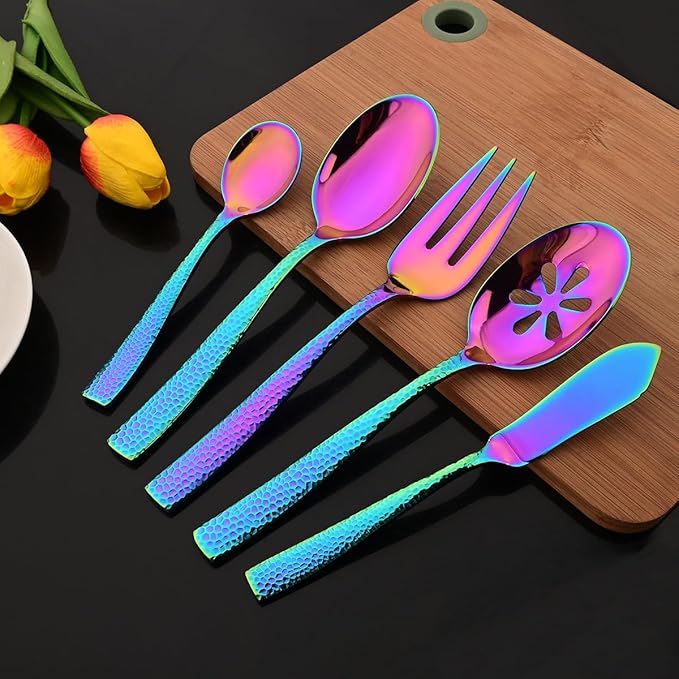 JASHII 5-Piece Rainbow Hammered Flatware Hostess Set Stainless Steel Serving Fork Slotted Serving Spoon Butter Knife Teaspoon Set for Buffet Party Mirror Polished Dishwasher Safe