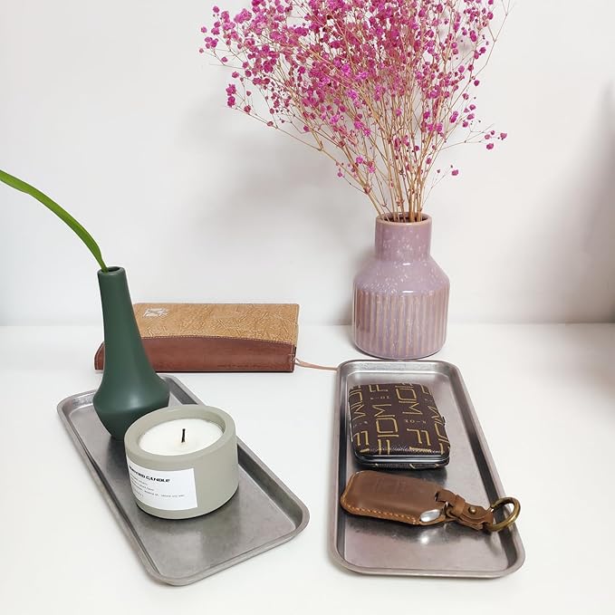 Vintage Decorative Trays, Rectangle Bathroom Tray, Vanity Tray, Farmhouse Stainless Steel Platter, Set of 2, Silver Gray