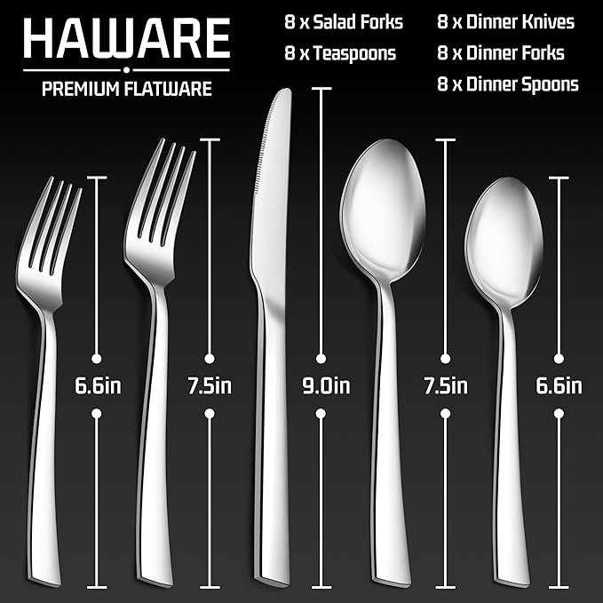HaWare 40 Pieces Silverware Set, Stainless Steel Flatware Set for 8, Square Edge Cutlery Set for Home Restaurant Party, Food-Grade Tableware Include Knife Spoon Fork, Mirror Polished, Dishwasher Safe