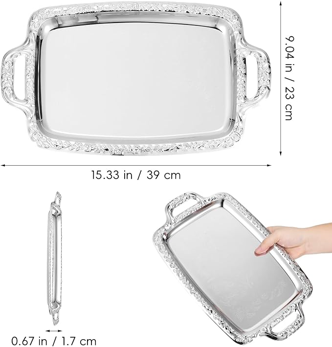 Cabilock Elegant Rectangular Silver Tray Mirrored Tray for Whiskey Decanter Candlesticks Vanity Perfume and Snack Bread Breakfast Fruit Serving Dish